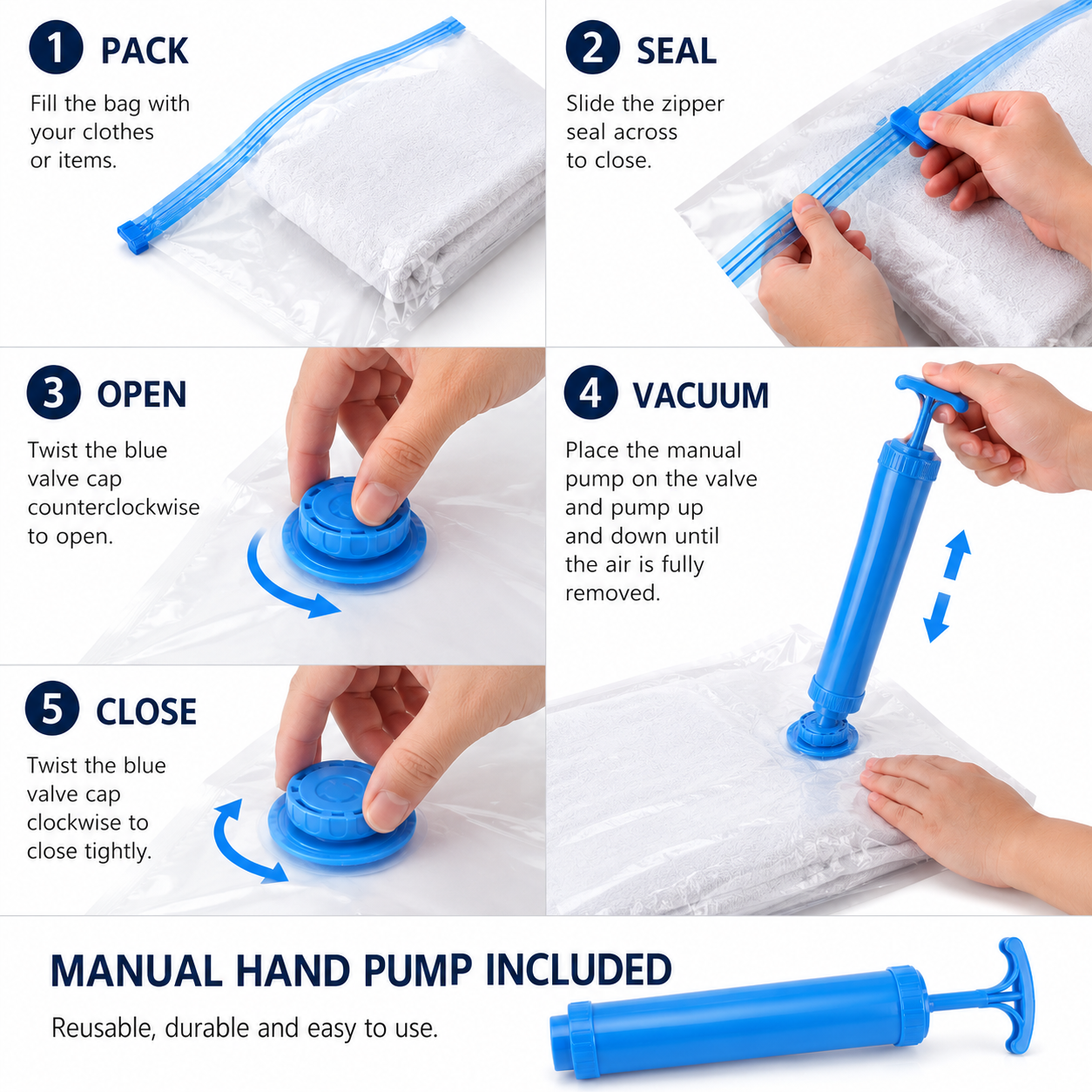 Reusable Travel Vacuum Bags with Hand Pump